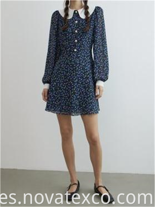 Doll Neck Printed Long Sleeved Dress